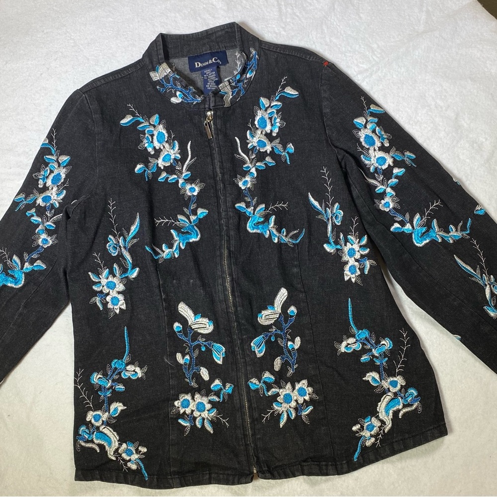 Women’s Vintage Japanese Floral Embroidered Zip Up Denim Jacket Size S-M